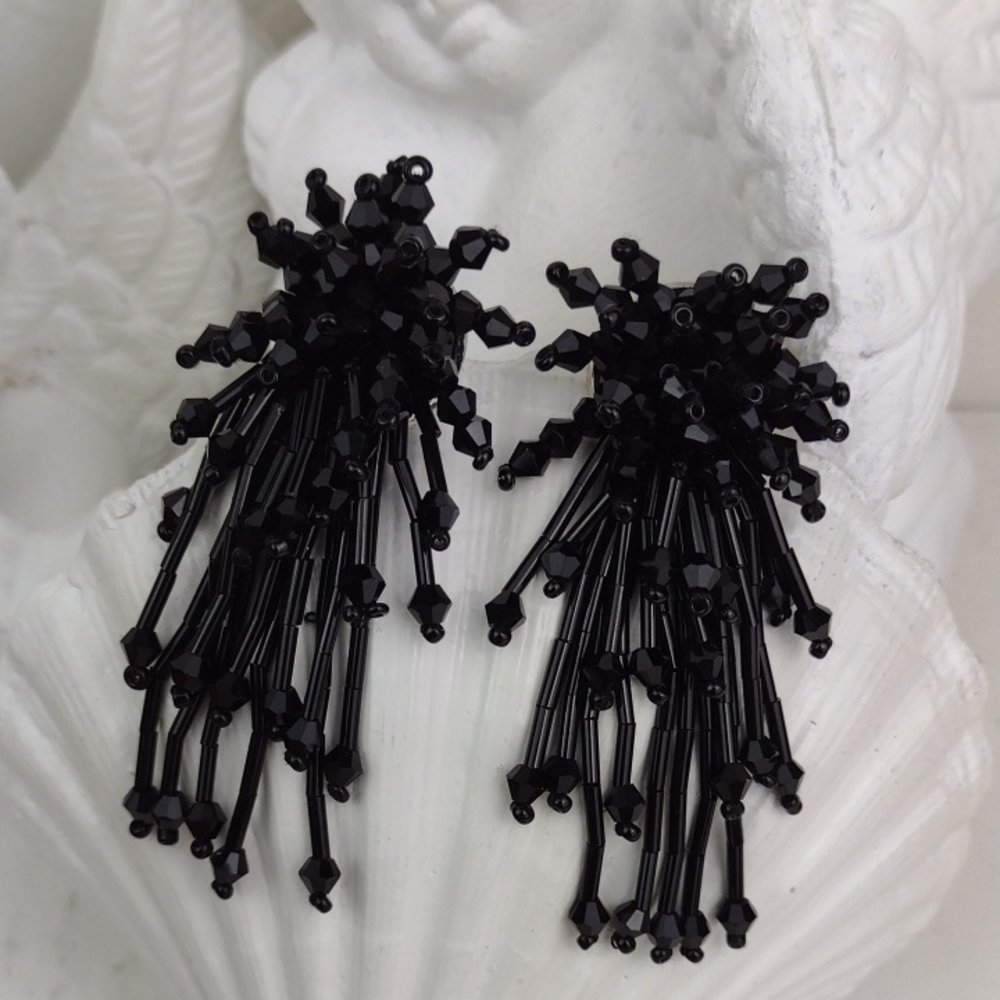 Edgy Wild Black Beaded Fully  Fringed Out Statement Stud Post Earrings